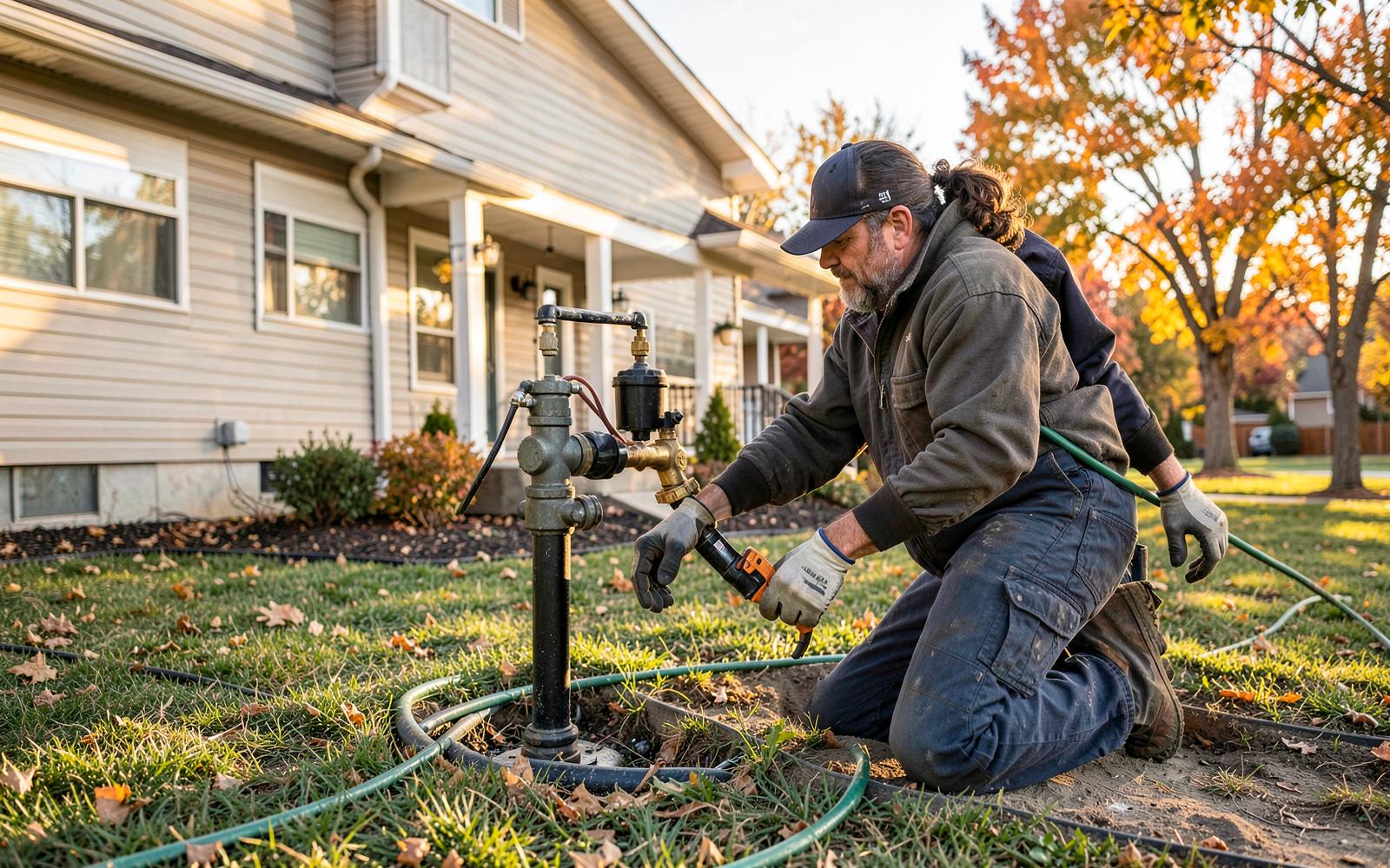 Plumber inspecting outdoor plumbing at a Northern Colorado home in early fall