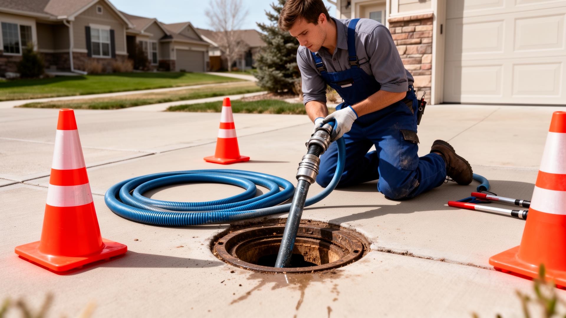 Plumber feeding a hydro jetting hose into an exterior sewer cleanout on a Northern Colorado driveway