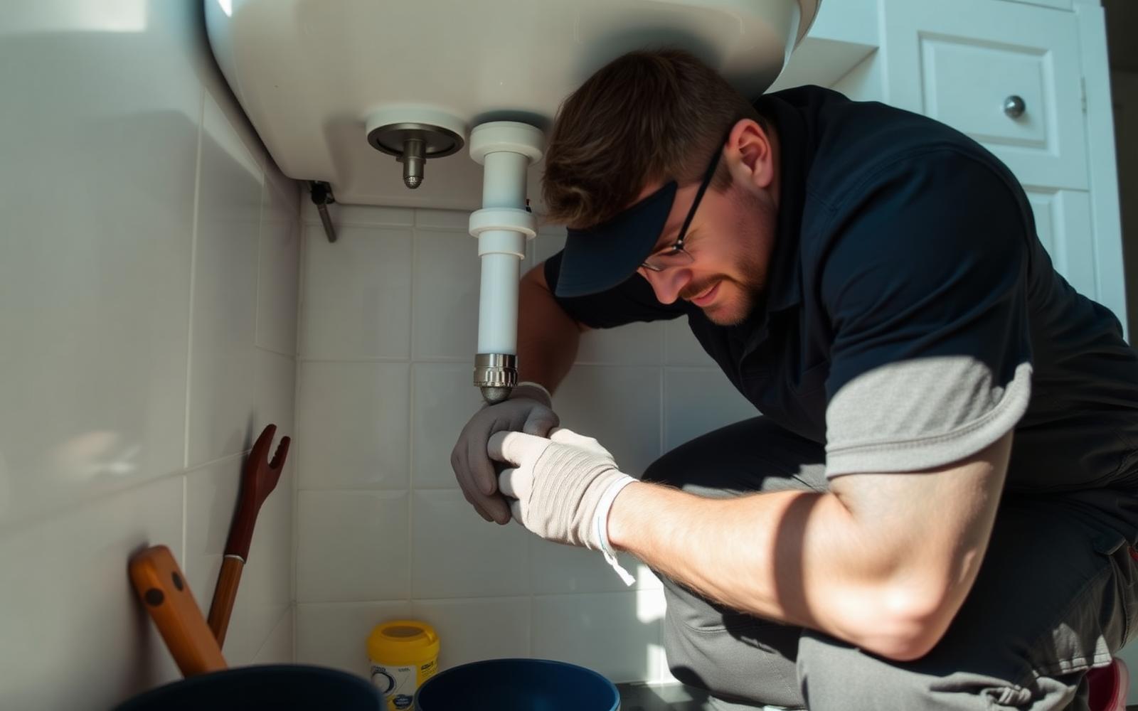 Licensed plumber inspecting plumbing under a kitchen sink in a Northern Colorado home