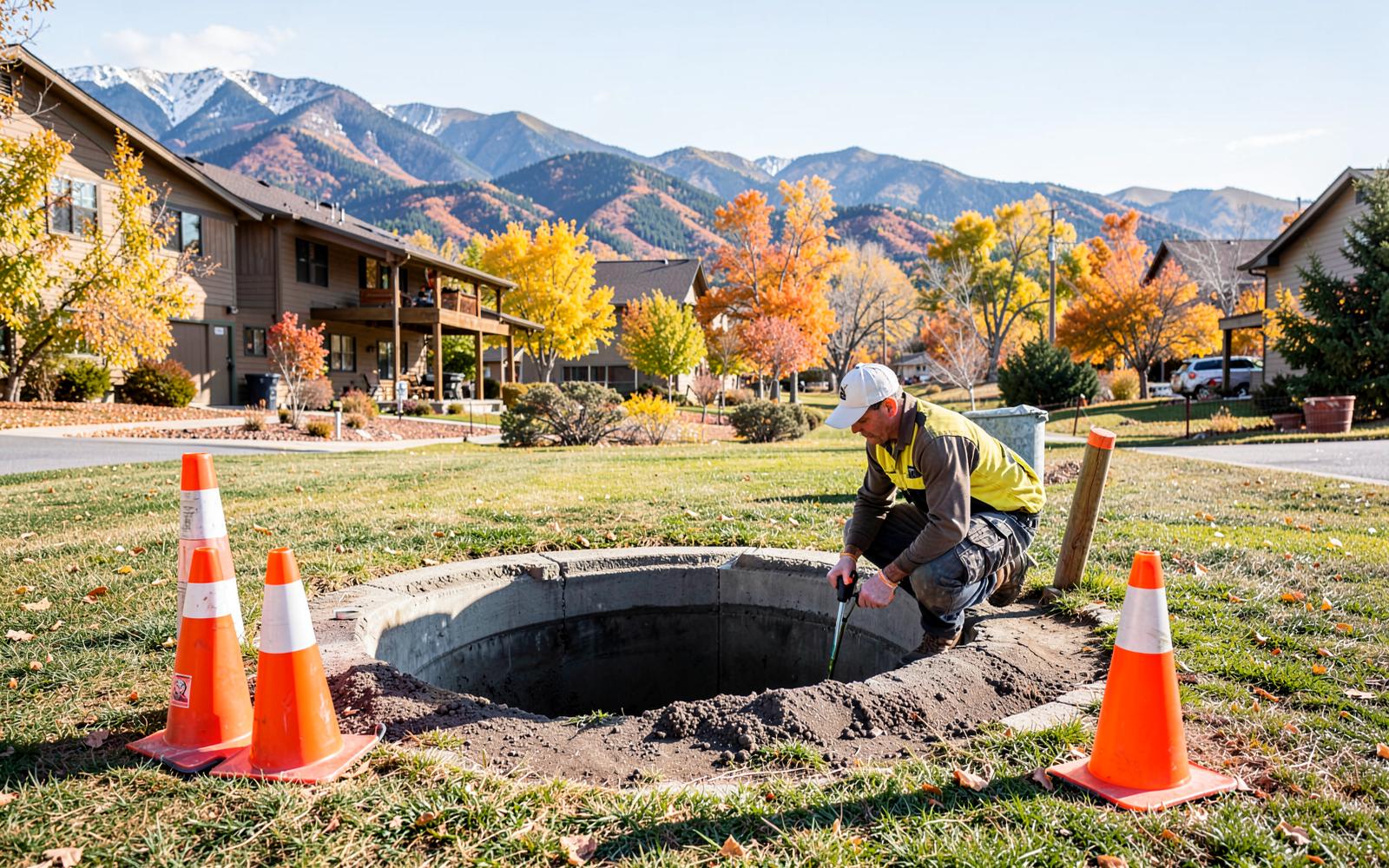 Septic technician inspecting a residential septic access point on a rural Northern Colorado property in fall