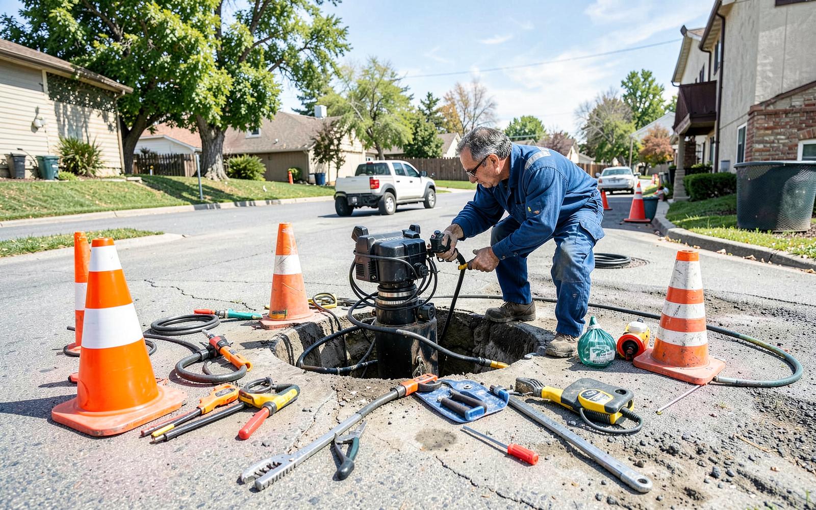 Plumber setting up sewer camera and drain cleaning equipment at an exterior cleanout