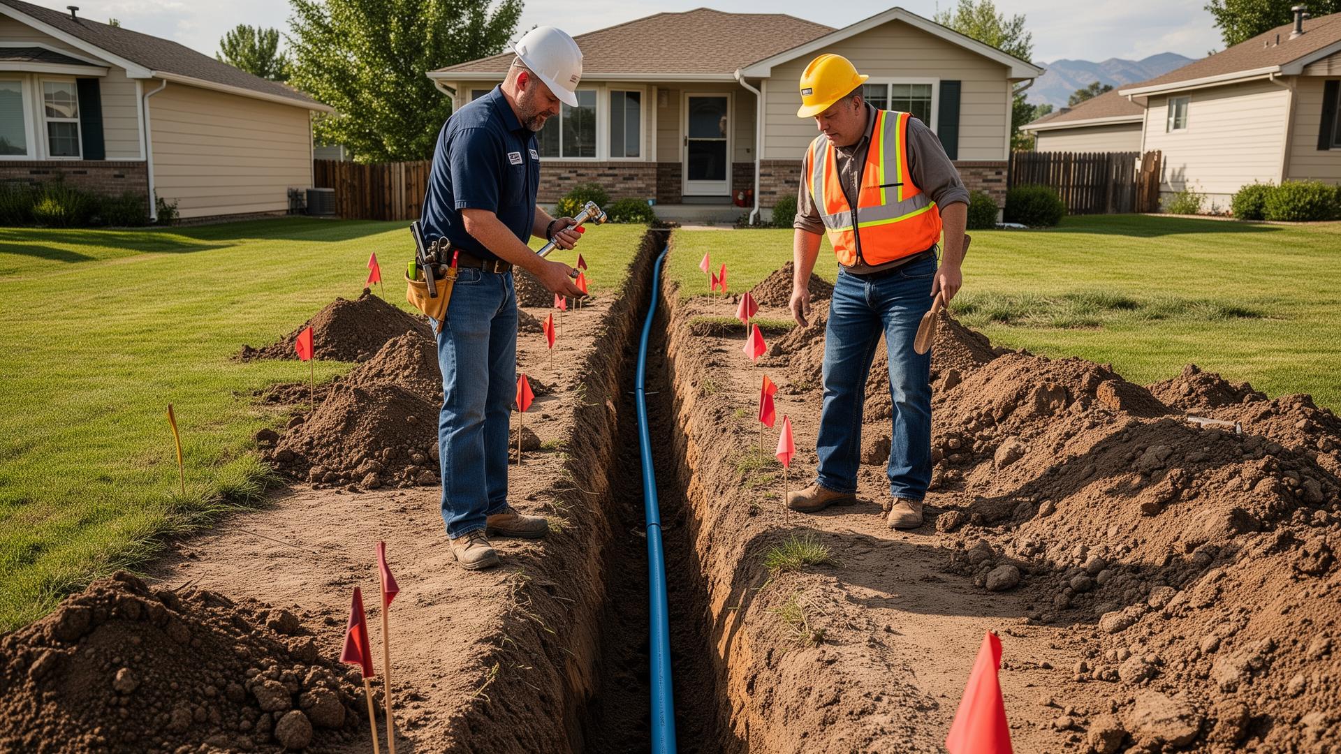 Licensed plumber and excavation worker inspecting a marked underground water line in a Northern Colorado yard