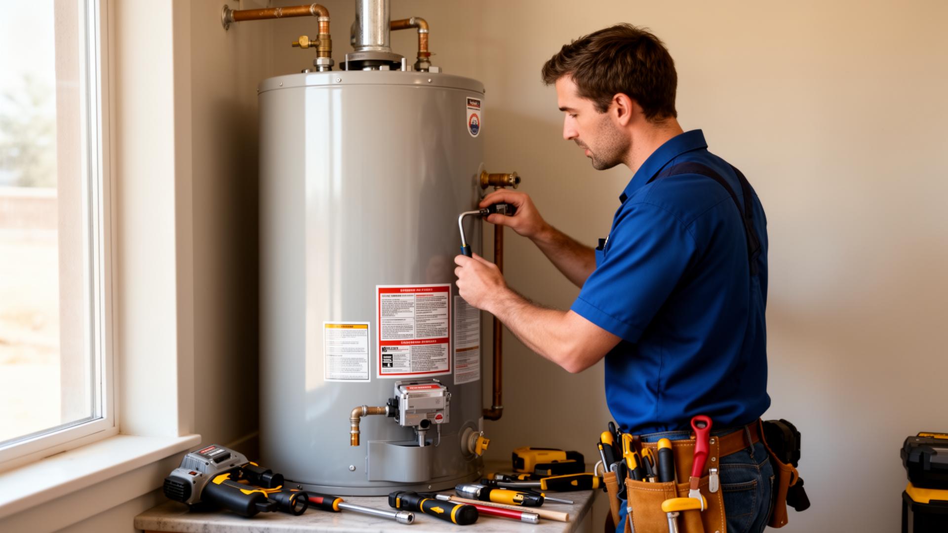 Licensed plumber inspecting a tank water heater in a clean Northern Colorado utility room