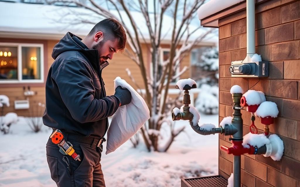 Licensed plumber insulating outdoor spigots and water pipes on a Northern Colorado home before winter